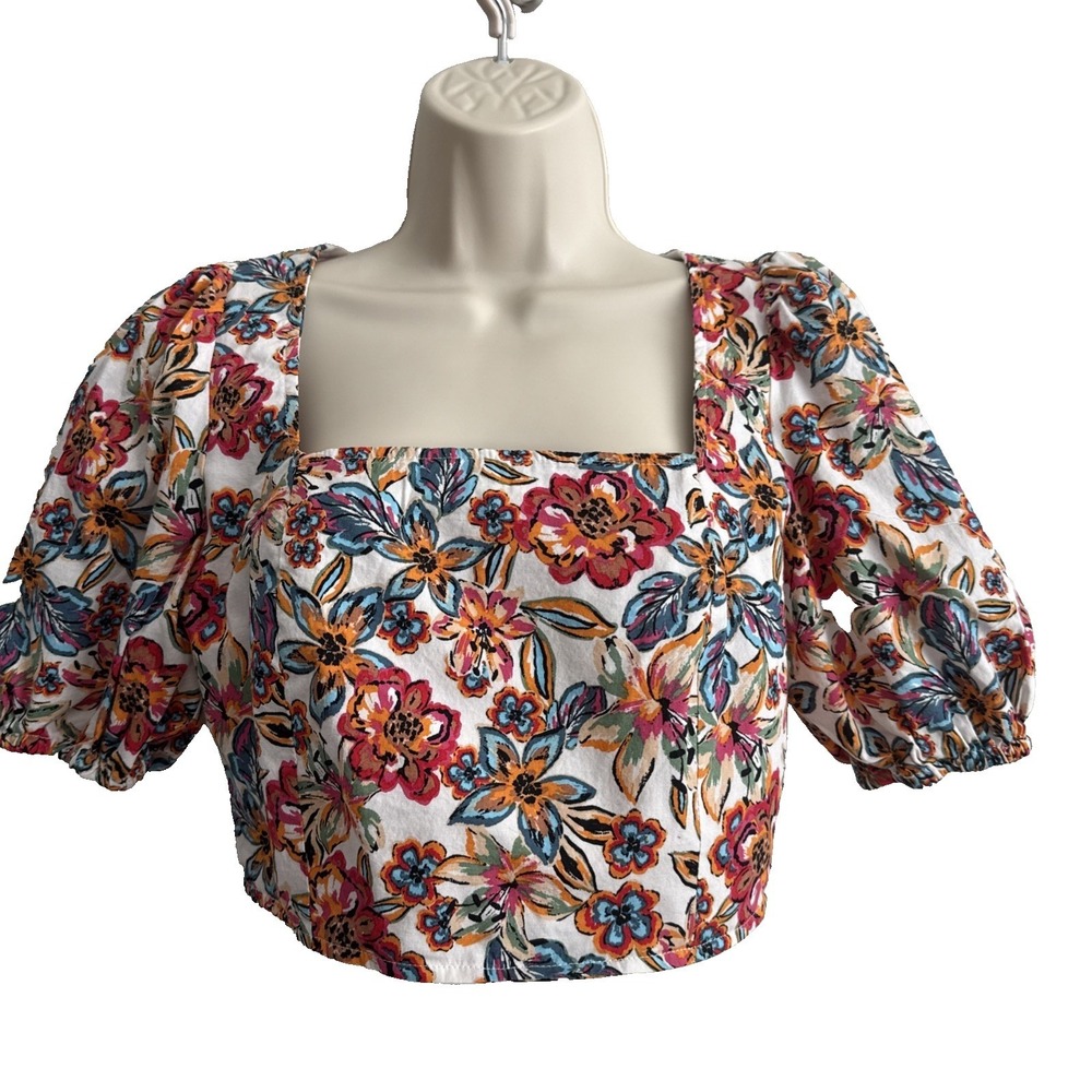Rachel Roy Y2K Floral Puff Sleeve Square Neck Crop Top S Boho Feminine Summer